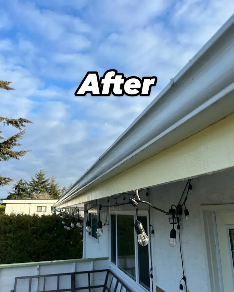 After gutter cleaning: the same gutter run clear and clean against a blue sky