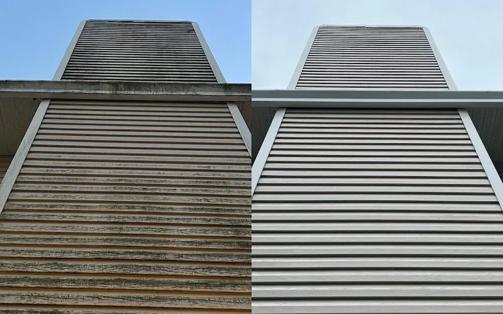 Before and after: grimy siding boards on a gable end, then clean