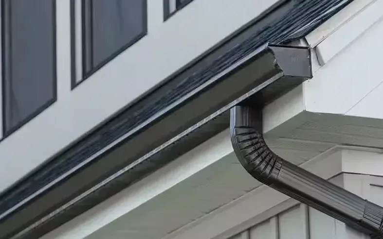 A downspout elbow dropping from a dark gutter run down the house wall