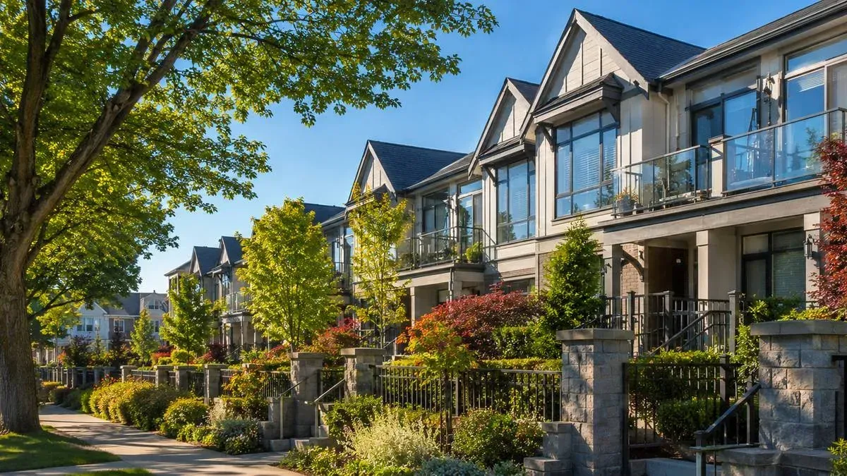 A block of strata townhomes with continuous gutter runs across the units
