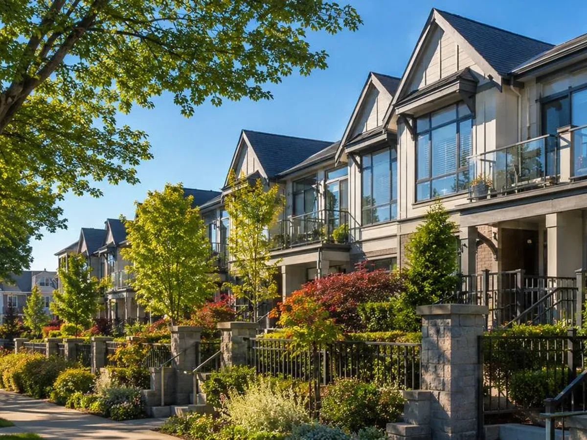 A row of townhouses with a continuous gutter run across several units